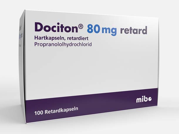 Schachtel Dociton 80 mg retard, enthält 100 Retardkapseln Propranololhydrochlorid von mibe.