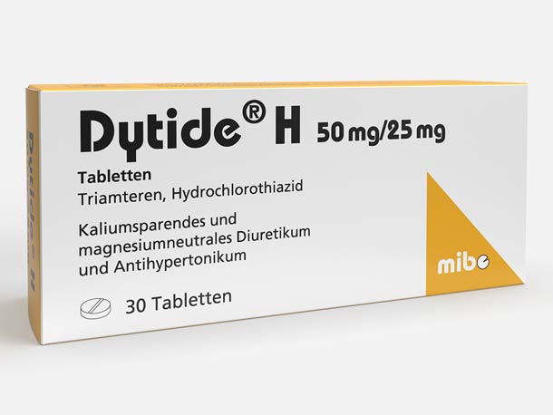 Eine Schachtel Dytide H-Tabletten mit 50 mg/25 mg Triamteren und Hydrochlorothiazid, mit 30 Tabletten.