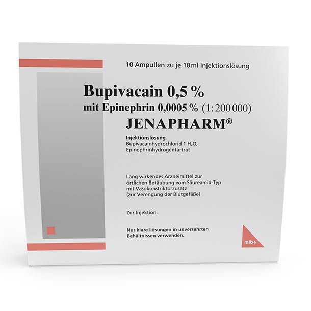 Weiße Schachtel Bupivacain 0,5% mit Epinephrin 0,0005% JENAPHARM, zur Injektion, mit 10 Ampullen.