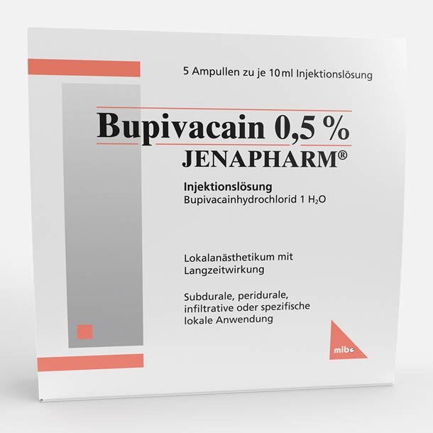 Packung mit Bupivacain 0,5% JENAPHARM, einer Lokalanästhesie-Injektionslösung, mit 5 Ampullen.
