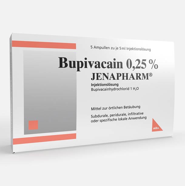 Eine weiße Packung Bupivacain 0,25 JENAPHARM Injektionslösung mit 5 Ampullen zur örtlichen Betäubung.