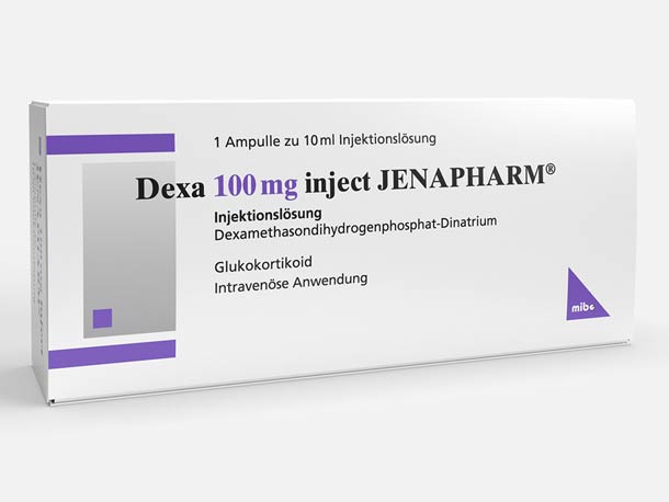Weiße Packungsbeilage zur Dexa 100 mg Inject JENAPHARM Injektionslösung mit 1 Ampulle à 10 ml, in deutscher Sprache und mit violetten Designelementen.