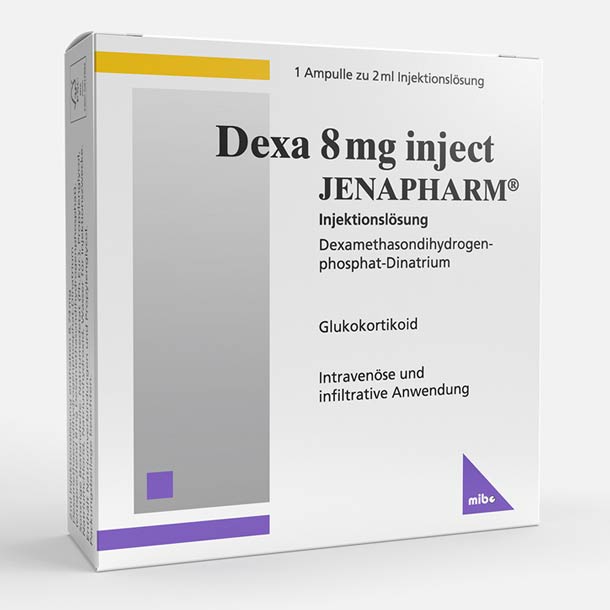 Eine weiße Schachtel Dexa 8 mg Inject JENAPHARM Injektionslösung, mit violetten Akzenten auf der Verpackung.