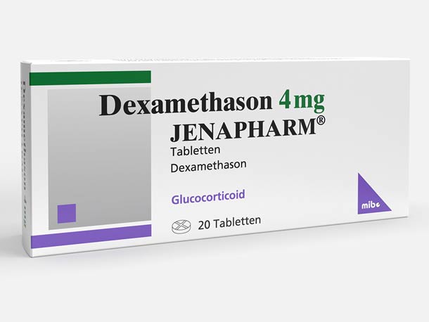Weiße Schachtel Dexamethason 4 mg JENAPHARM mit 20 Tabletten, versehen mit grünen und violetten Details.