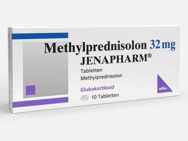 Schachtel mit Methylprednisolon 32 mg Tabletten von Jenapharm, gekennzeichnet als Glukokortikoid, enthält 10 Tabletten.