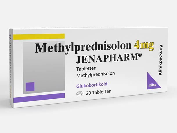 Eine Schachtel Methylprednisolon 4mg Tabletten von JENAPHARM, gekennzeichnet als Glukokortikoid, enthält 20 Tabletten.