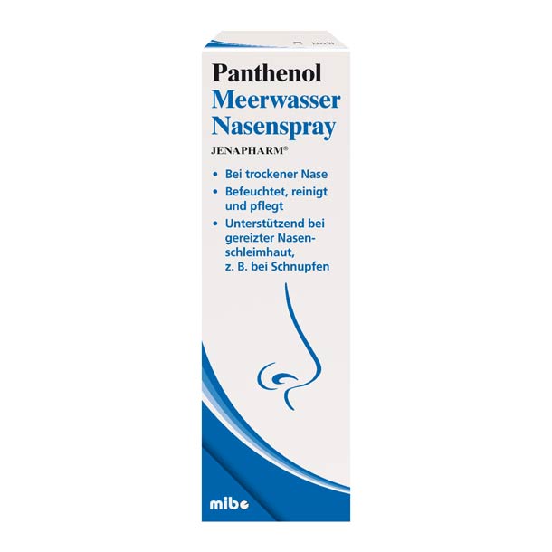 Weiß-blaue Schachtel Panthenol Meerwasser Nasenspray-Schachtel mit Nasenkontur und deutschem Text.