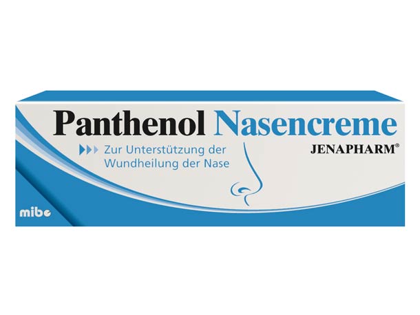 Schachtel Panthenol Nasencreme von Jenapharm, eine Nasencreme zur Unterstützung der Wundheilung in der Nase, mit blau-weißer Verpackung.