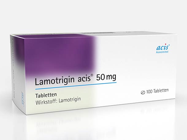Eine weiß-violette Schachtel mit Lamotrigin acis 50 mg Tabletten, die 100 Tabletten enthält.