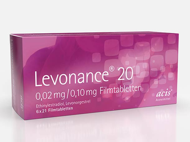 Eine rosafarbene Schachtel mit Levonance 20 Filmtabletten , die 0,02 mg Ethinylestradiol und 0,10 mg Levonorgestrel enthalten.