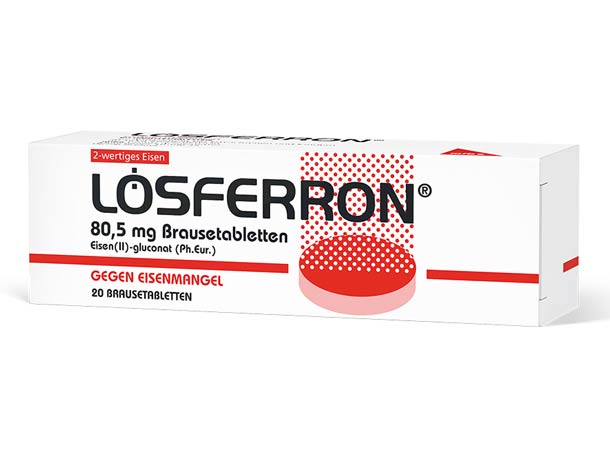 Eine Schachtel Brausetabletten Lösferron 80,5 mg, mit rotem und schwarzem Text auf weißem Hintergrund.