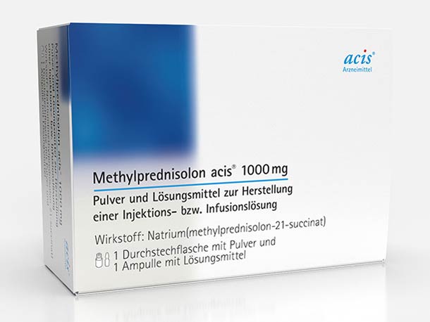 Eine weiße Schachtel mit blauen Akzenten, Methylprednisolon acis 1000 mg Pulver und Lösungsmittel für Injektions- oder Infusionslösung.