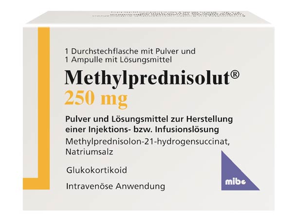 Packung mit Methylprednisolut 250 mg mit deutscher Anwendungsbeschreibung zur Injektion oder Infusion; enthält Pulver und Lösungsampulle.