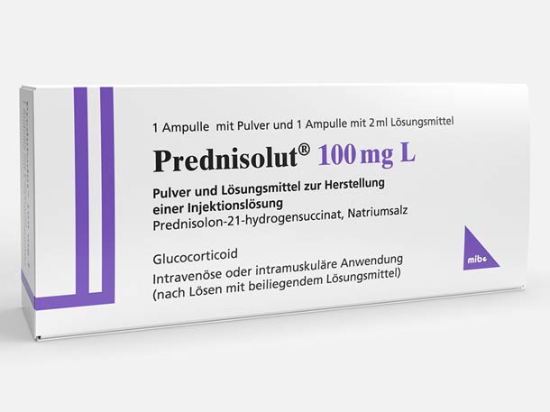Schachtel mit Prednisolut 100 mg L, einem Glukokortikoid-Medikament zur intravenösen oder intramuskulären Injektion, in deutscher Verpackung.