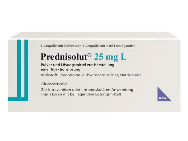 Weiße Schachtel Prednisolut 25 mg L mit grün-blauen Details, gekennzeichnet als Glukokortikoid; enthält Ampullen zur Injektionszubereitung.