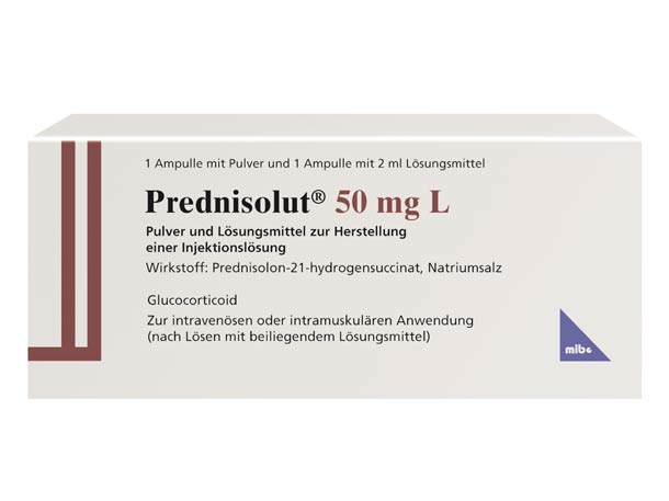 Packung mit Prednisolut 50 mg L, einem Glukokortikoid-Injektionspulver und Lösungsmittel zur intravenösen oder intramuskulären Anwendung.