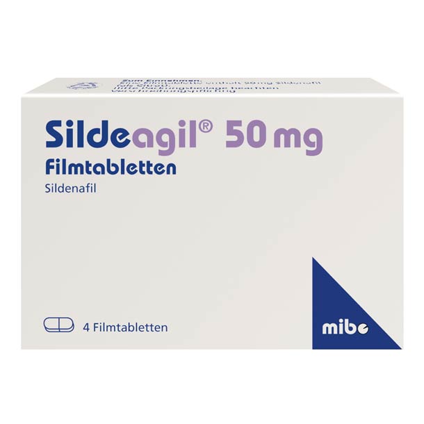 Schachtel mit Sildeagil 50 mg Filmtabletten Sildenafil, enthält 4 Tabletten, mit blauem und violettem Text und weißem Hintergrund.