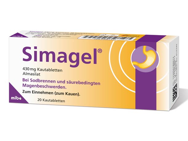 Simagel 430 mg Kautabletten in einer Packung mit lila-gelbem Design und stilisiertem Magensymbol, enthält 20 Tabletten.