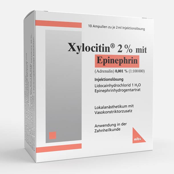 Weiße Schachtel Xylocitin-loc 2 % mit Epinephrin-Injektionslösung, ein Lokalanästhetikum mit Vasokonstriktor zur Anwendung in der Zahnheilkunde.