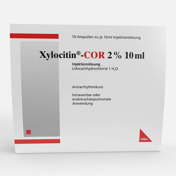Xylocitin-COR 2% Injektionslösung (10 ml) von mibe in weißer Schachtel mit roten Akzenten.