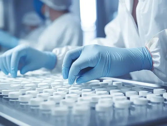 Behandschuhte Hände sortieren Fläschchen in einem Labor, im Hintergrund sind Arbeiter in Schutzanzügen unscharf zu sehen.