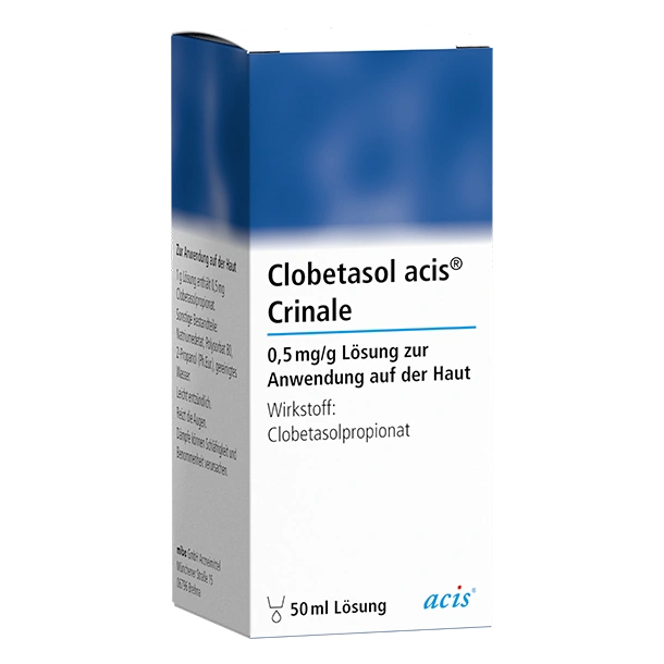 Packung mit Clobetasol acis Crinale 0,5 mg/g topische Lösung, 50 ml, zur Anwendung auf der Haut, von acis Arzneimittel, mit Hintergrund in Weiß und Blau.
