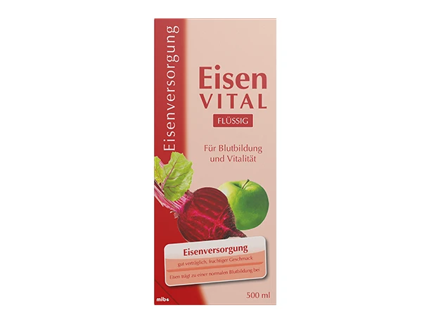 Eisen Vital Flüssigeisenergänzungspackung, auf der Vorderseite eine Rote Bete und ein grüner Apfel, mit deutschem Text, 500 ml Inhalt.