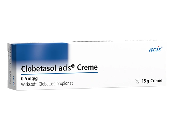 Eine 15g-Dose Clobetasol acis Creme, 0,5mg/g, mit Wirkstoff Clobetasolpropionat, auf weißem Hintergrund mit blauen Details.