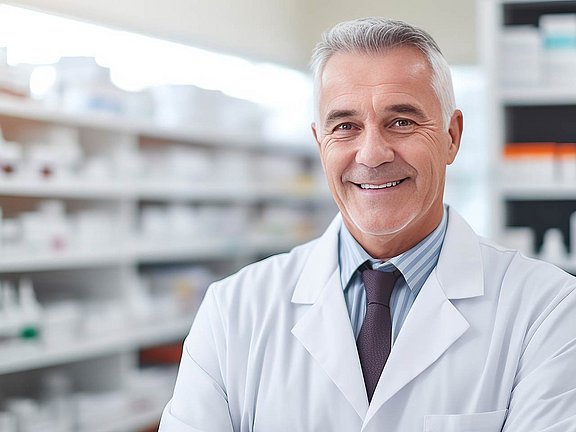 Ein lächelnder Apotheker in einem weißen Kittel steht in einer Apotheke mit Medikamentenregalen im Hintergrund.