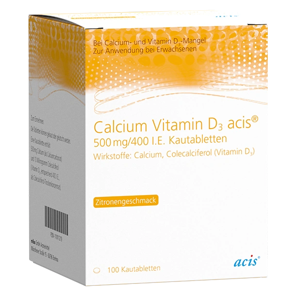 Eine Schachtel Calcium Vitamin D₃ acis Kautabletten, 500 mg/400 IE, Zitronengeschmack, enthält 100 Tabletten.