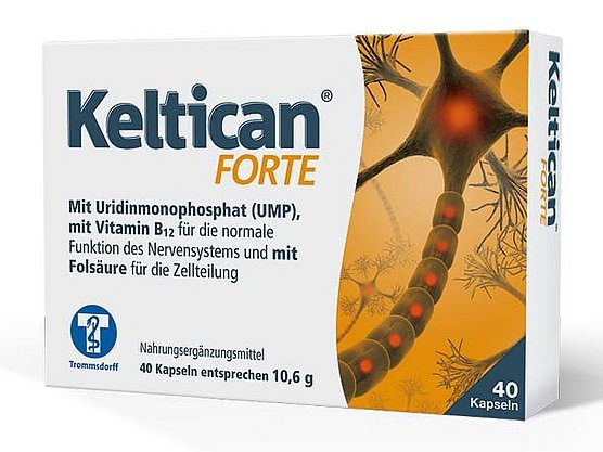 Schachtel mit Keltican Forte-Nahrungsergänzungsmitteln, 40 Kapseln, mit einem Bild von Nervenzellen und Text, der die wichtigsten Inhaltsstoffe und Nährwertvorteile hervorhebt.