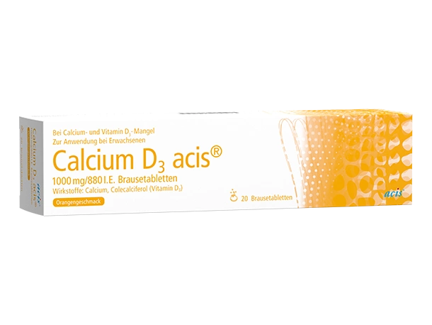 Weiße Packung Calcium D3 acis 1000 mg/880 I.E. Brausetabletten mit Orangengeschmack, Inhalt 20 Tabletten, mit gelben Details.
