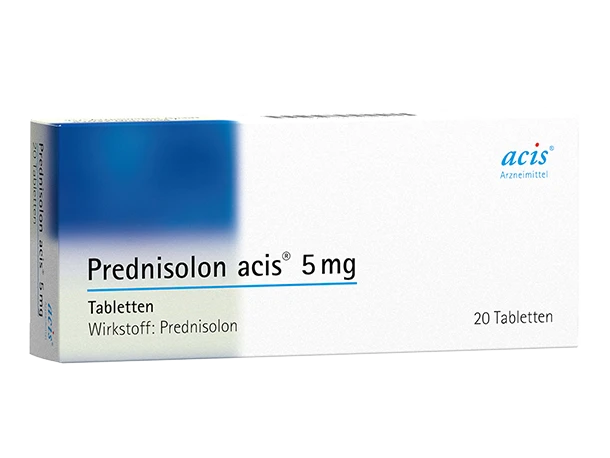 Eine Schachtel mit Prednisolon acis 5 mg, enthält 100 Tabletten und hat eine blau-weiße Verpackung.