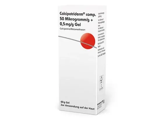 Weiße Schachtel Calcipotriderm comp. Gel, 60 g, mit deutscher Beschriftung und einem roten Punkt auf der Vorderseite.