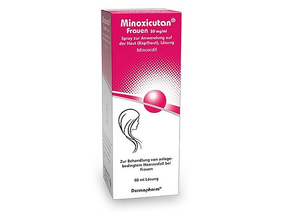 Rechteckige Minoxicutan-Frauen-Box in Rosa und Weiß zur Behandlung von Haarausfall bei Frauen, mit einer weiblichen Profilillustration und Produktdetails.