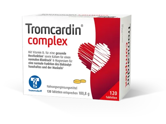 Schachtel mit Tromcardin-Komplex-Tabletten zu 100,8g, mit rot-weißem Design und Herzgrafik, 120 Tabletten sind angegeben.