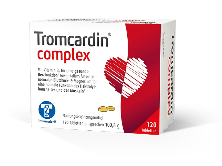Schachtel mit Tromcardin-Komplex-Tabletten zu 100,8g, mit rot-weißem Design und Herzgrafik, 120 Tabletten sind angegeben.