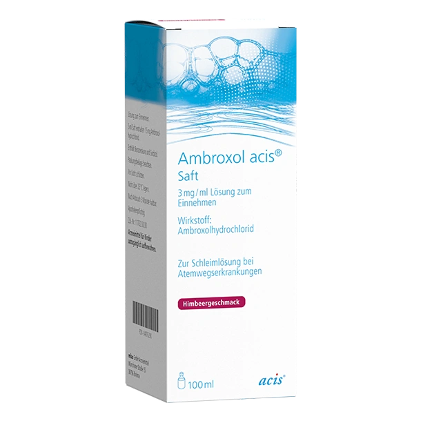 Weiße Schachtel Ambroxol acis Saft, 100 ml, zur Schleimlösung bei Atemwegserkrankungen, mit Himbeergeschmack, mit blauen Blasen im Design.