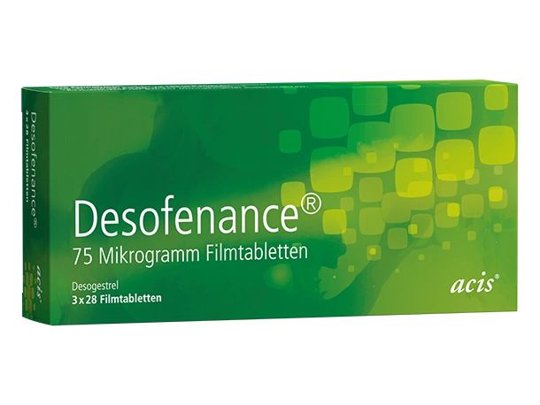 Grüne Schachtel Desofenance, 75 Mikrogramm Filmtabletten Desogestrel, 6 x 28 Tabletten, mit quadratischen Muster auf der Verpackung.
