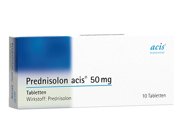 Eine Schachtel mit Prednisolon acis 50 mg Tabletten, enthält 10 Tabletten und hat eine blau-weiße Verpackung.