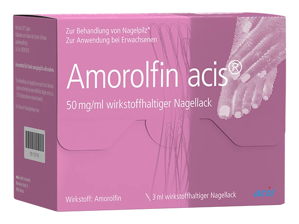 Violette Schachtel mit medizinischem Nagellack Amorolfin acis 50 mg/ml zur Behandlung von Nagelpilz, mit Text und Grafik von Fußnägeln.